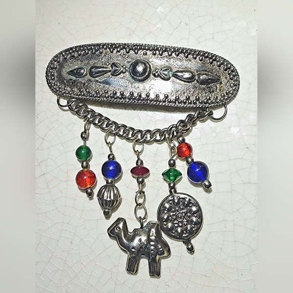 Egyptian Revival Moroccan large charm brooch, camel, medallion, beads dangle - Picture 2 of 8